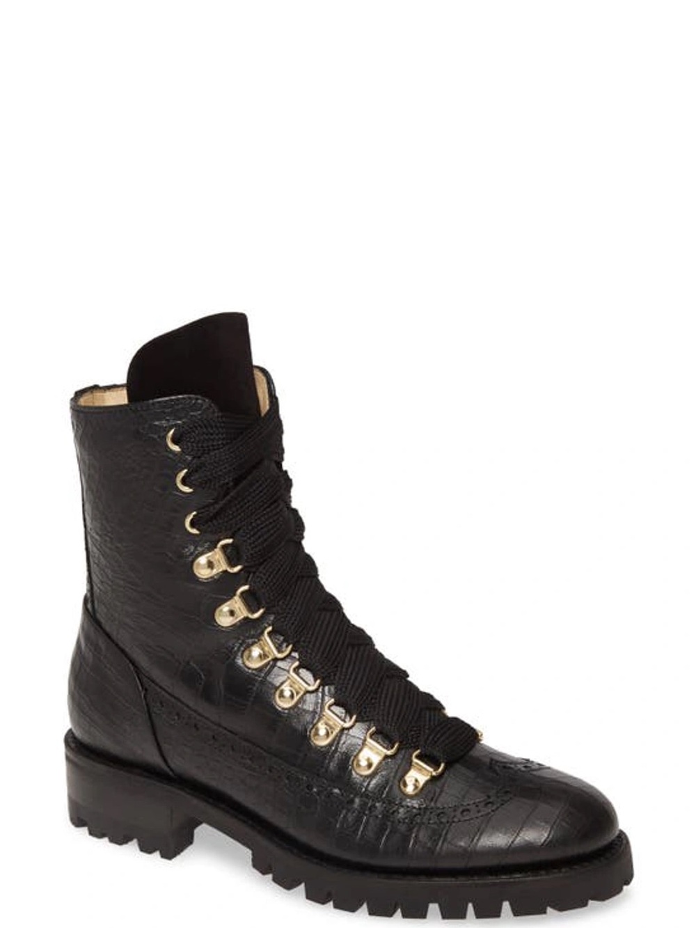 Office of Angela Scott Black Croc Leather Lace-Up Combat Boot with Gold Hardware